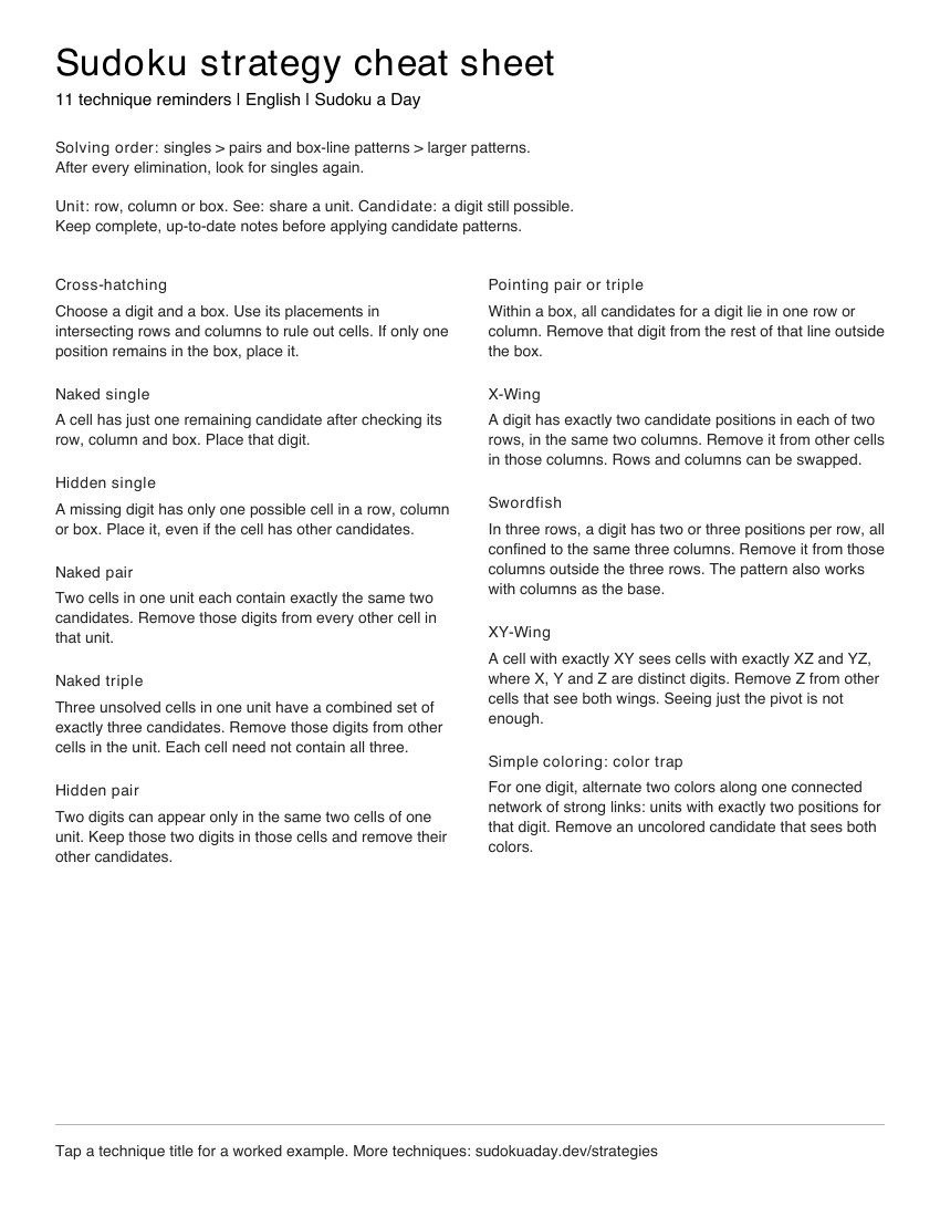 Preview of the one-page US Letter strategy sheet, with all 11 technique reminders and solving order.